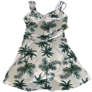 SHEKINI‎ Palm Tree Print Ruched Swim Dress Skirtini Tummy Control Size MED White